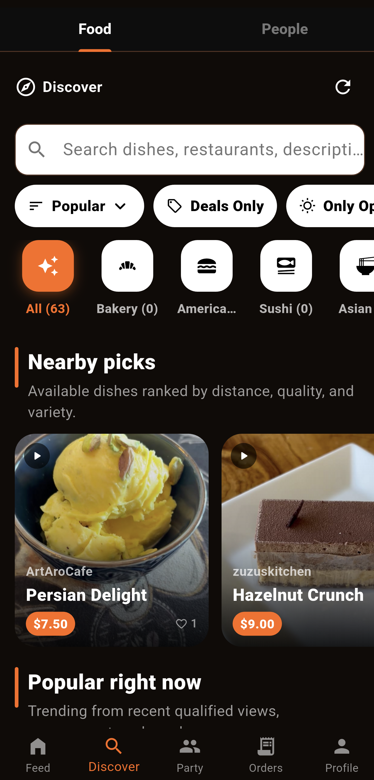 Food discovery page with search, deals, open-now filters, categories, and nearby dishes