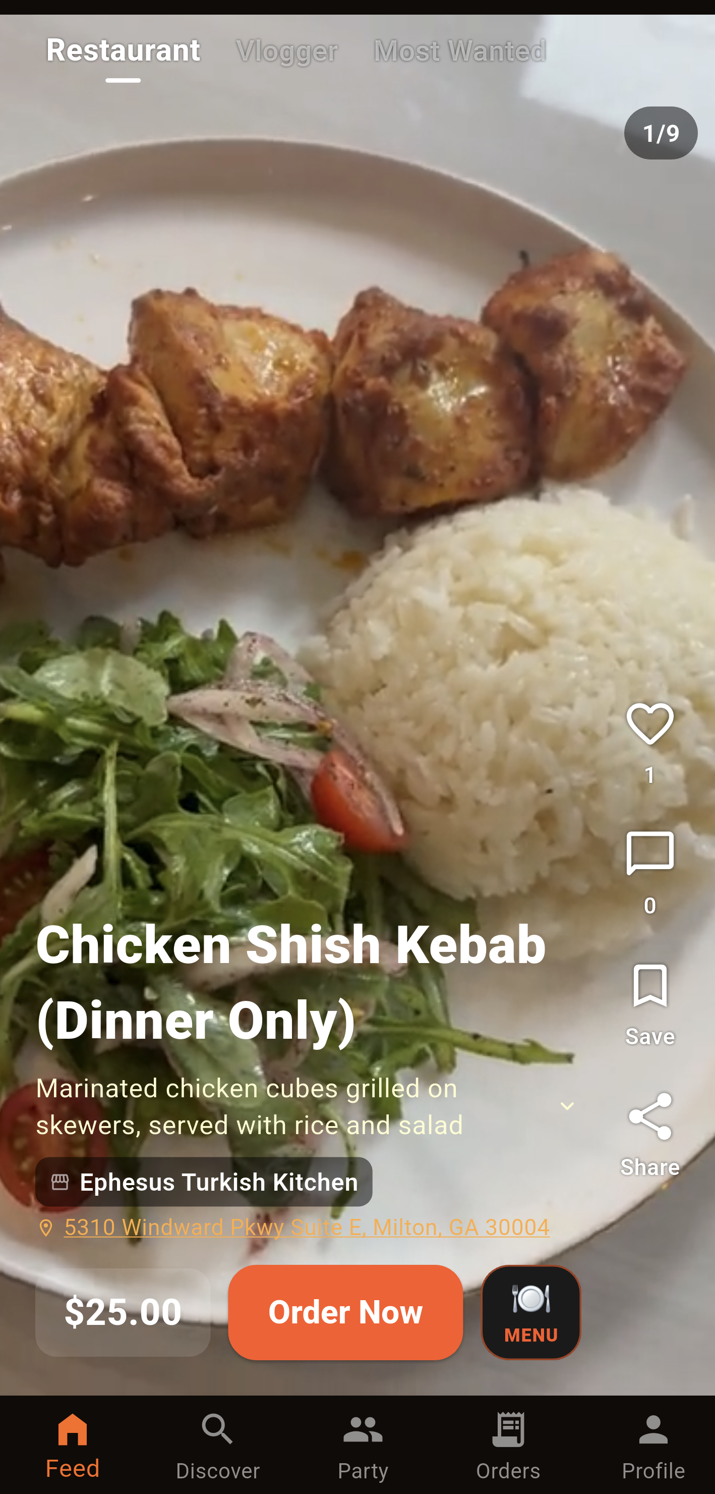 Restaurant feed with a full-screen chicken kebab dish video