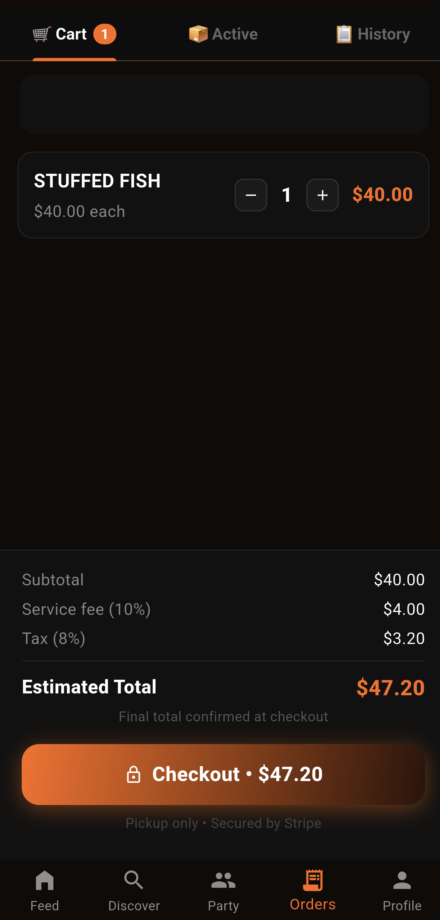 Bitesurge cart with active and history tabs, order total, and secure checkout