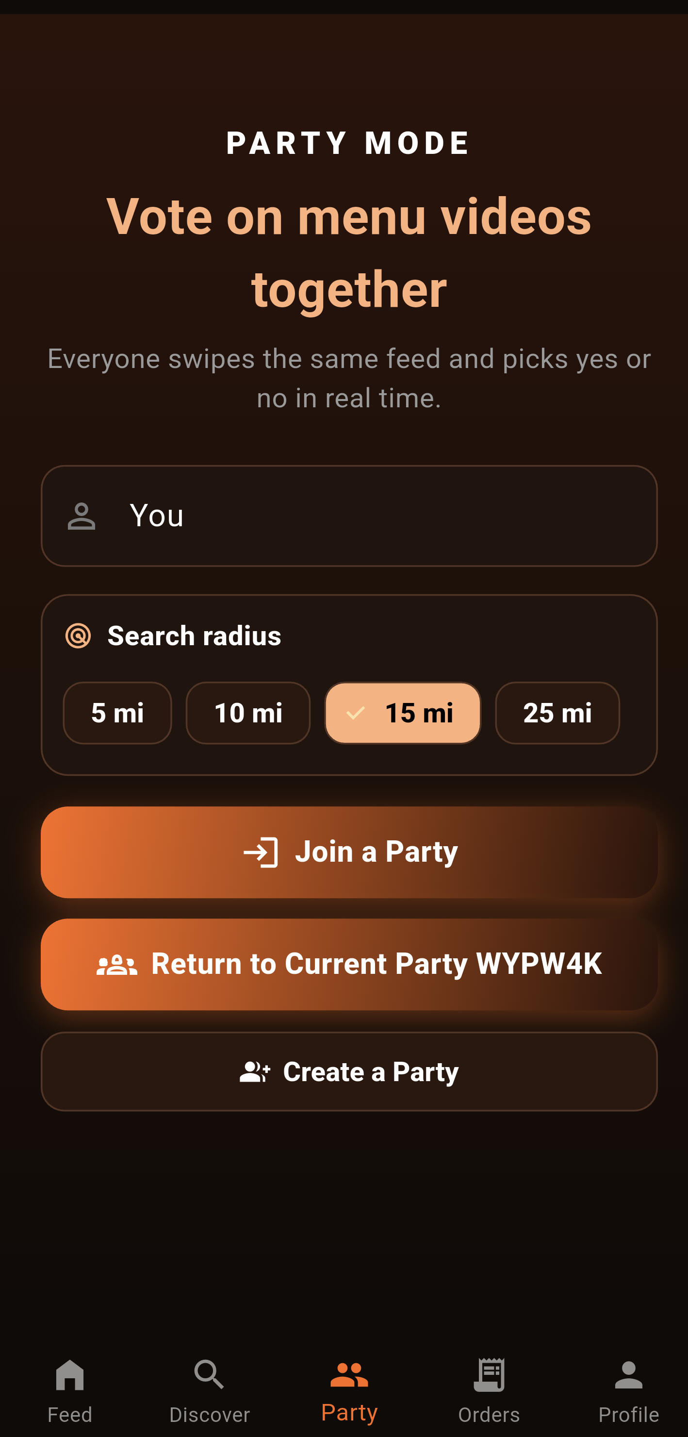 Party Mode screen for joining or creating a shared menu voting party
