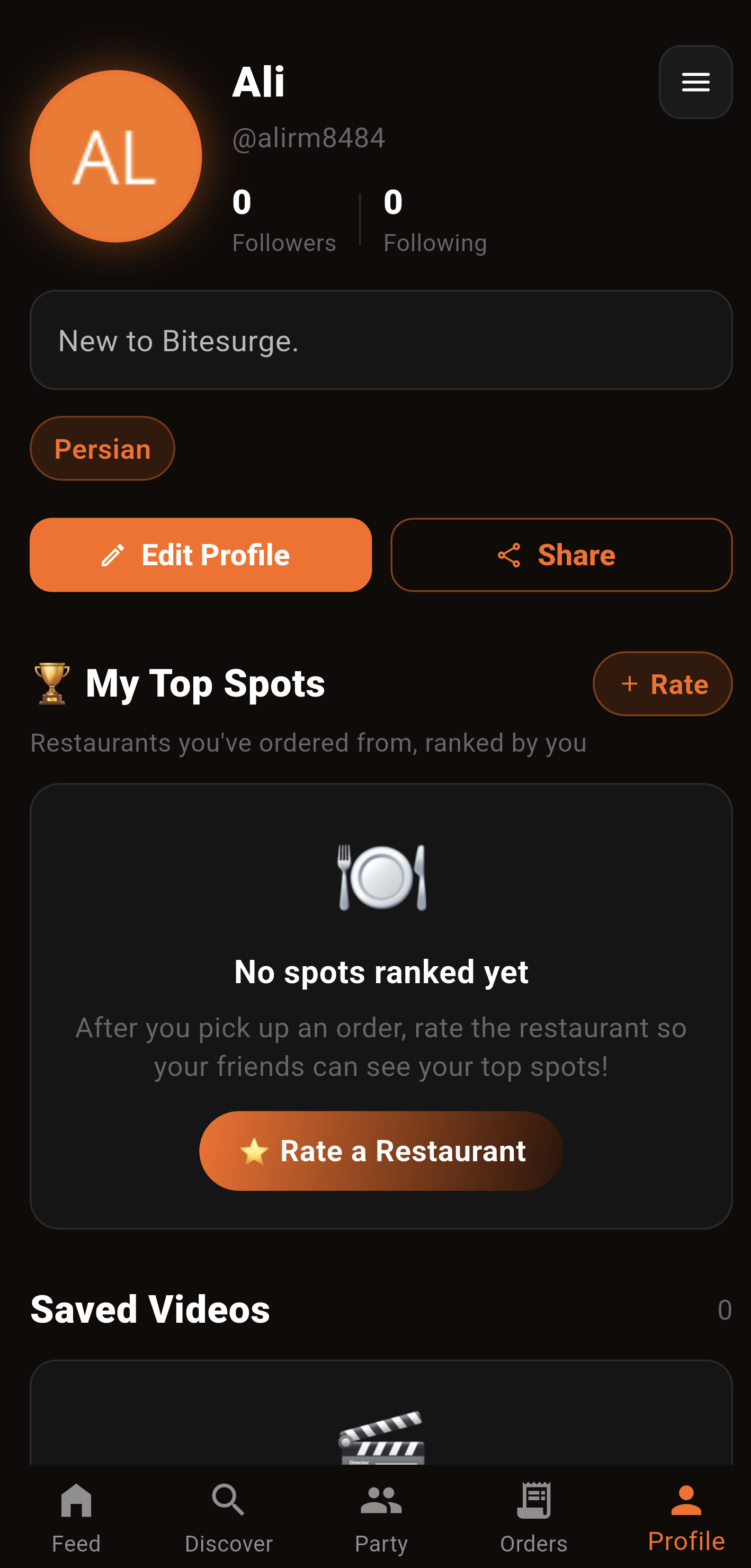 Bitesurge profile with followers, top restaurant spots, and saved videos