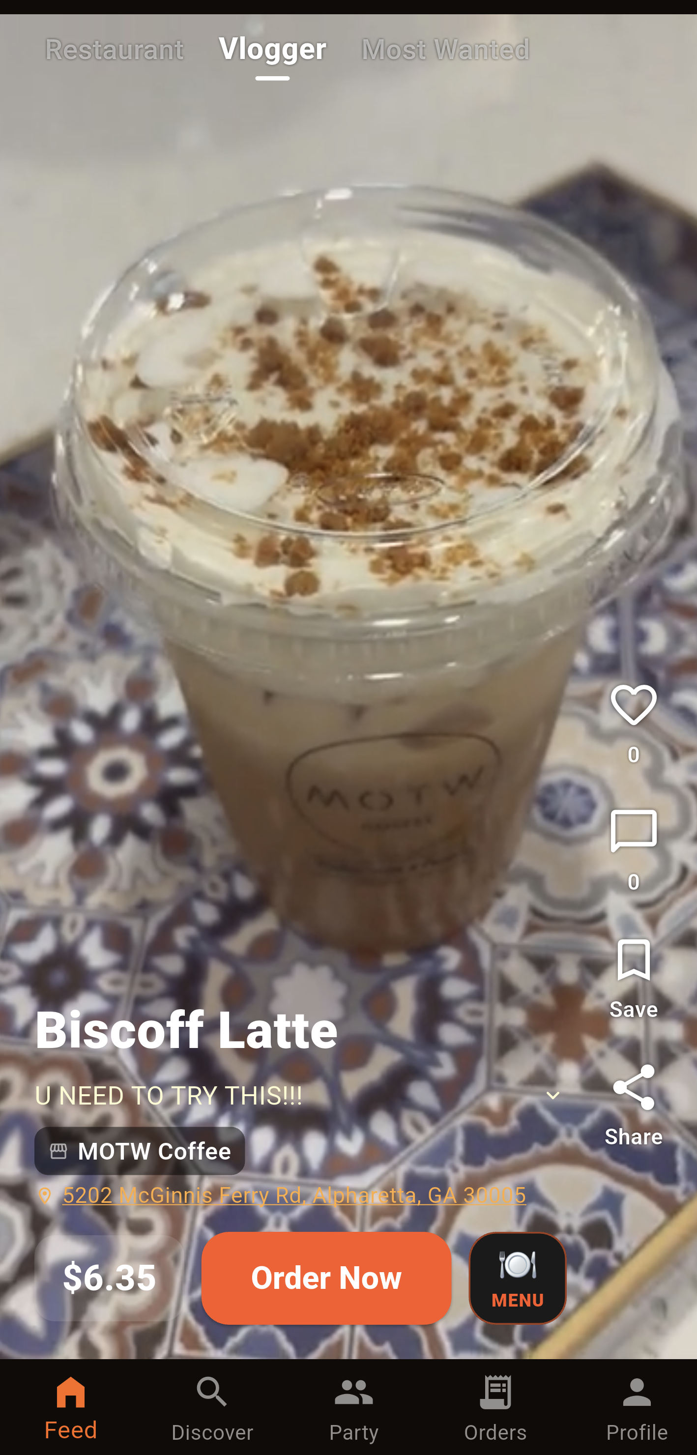 Vlogger feed showing a creator's biscoff latte recommendation